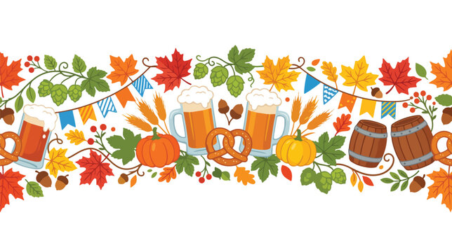 Oktoberfest vector autumn harvest border with beer and pumpkins