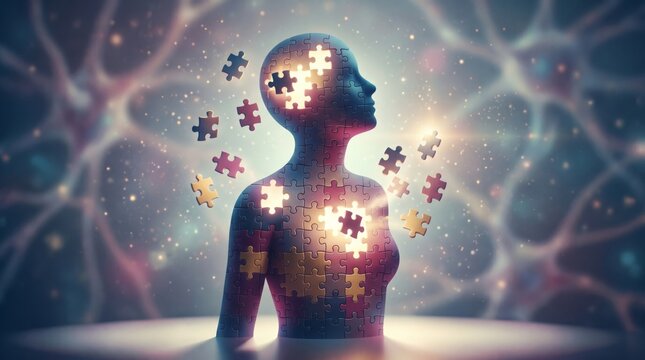 Woman silhouette made of jigsaw puzzle pieces with glowing brain and heart. Mental health awareness and psychology concept. Inner peace, logic, wisdom and cognitive therapy symbolism.
