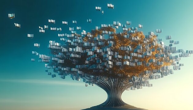 Surreal digital tree made of data blocks with golden foliage branches reaching skyward.