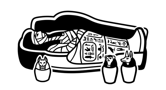 Ancient Egyptian Mummy in Sarcophagus with Canopic Jars.