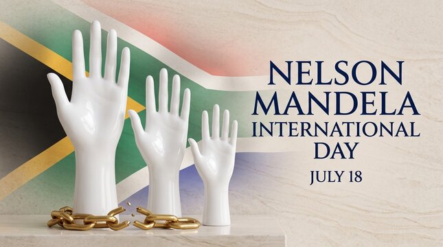 White plastic hands and golden chain links represent nelson mandela international day a conceptual still life