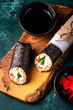 Trendy viral sushi burrito or shawarma