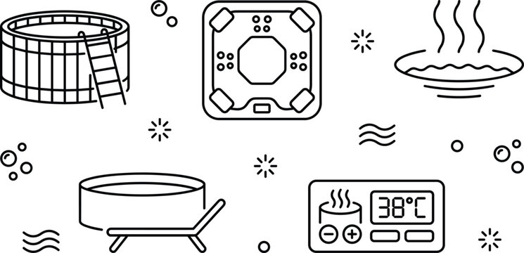 Hot Tub Spa and Jacuzzi Line Icon Set with Temperature Controller and Bath