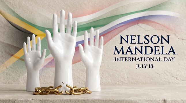 White plastic hands and golden chain links represent nelson mandela international day a conceptual still life