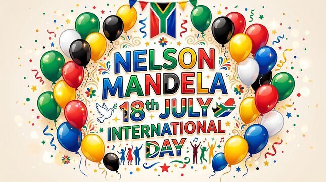 Festive Nelson Mandela international day celebration design with colorful balloons unity spirit and awareness message