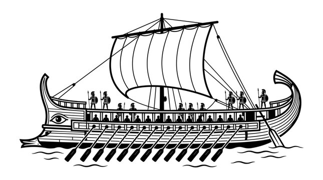 Ancient Greek Trireme Warship with Sails and Oars.