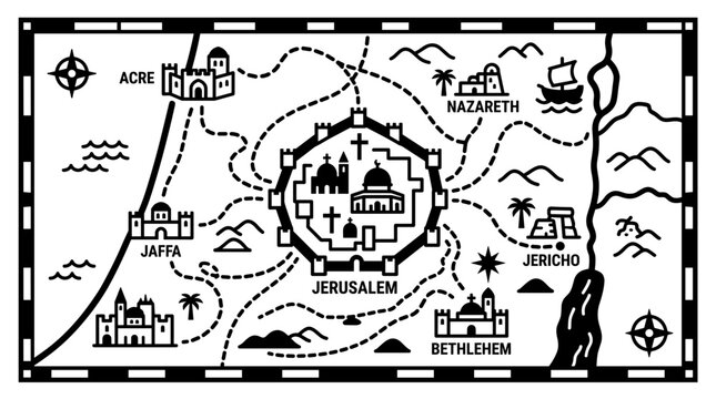 Ancient Map of the Holy Land Showing Jerusalem and Surrounding Cities.