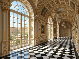 Fototapeta premium Grand Hallway Corridor Featuring Ornate Baroque Architecture with Checkerboard Floors and Floor to Ceiling Arched Windows Overlooking a Garden