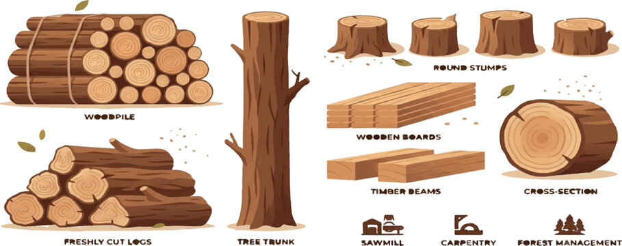 Forestry Woodpile and Timber Icon Collection, Flat Logging Vector Set, isolated on transparent background
