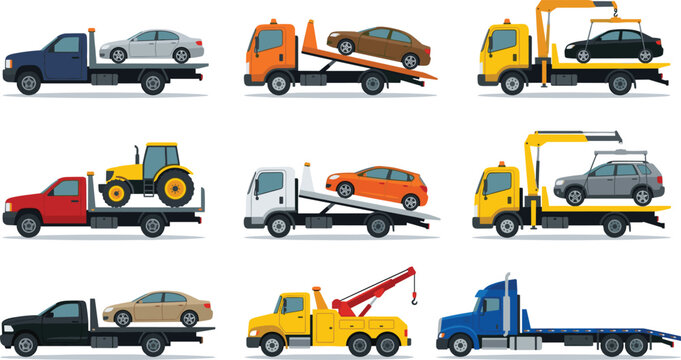 Tow truck flatbed transport and roadside recovery vehicle icon set featuring towing service trucks boom crane and broken car carriers vector.