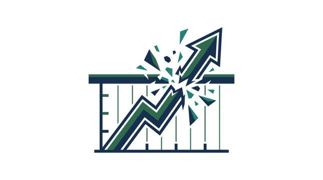 Growth arrow chart breaking through ceiling with navy and green palette, representing success and exceeding expectations