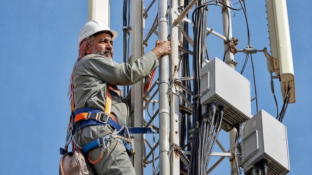 Professional Telecommunications Technician Climbing Cellular Tower for Network Maintenance and 5G Antenna Repair