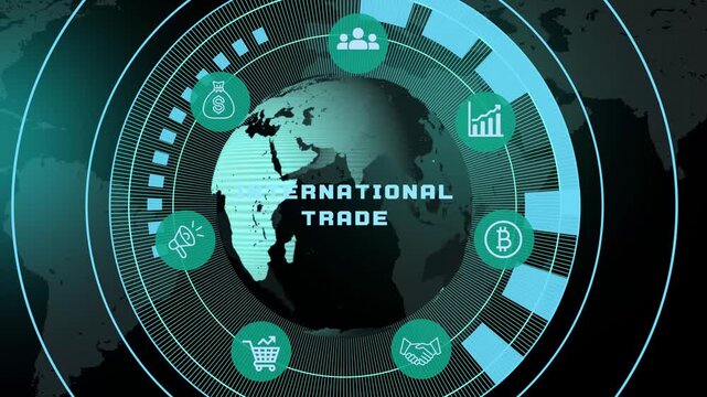 International Trade concept with connected global marketplace, digital commerce analytics, logistics insights, and cross-border business network.