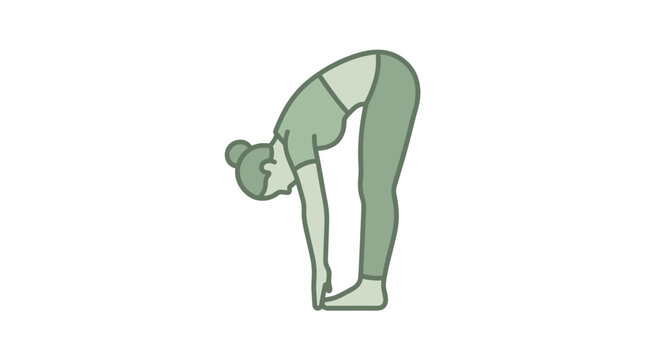 Woman performing standing forward bend stretch, side view, sage color palette, yoga pose, healthy lifestyle