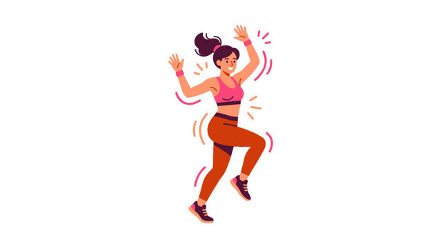 Energetic woman dancing zumba in a three-quarter pose with a vibrant pink and orange color palette, conveying a sense of fun and fitness