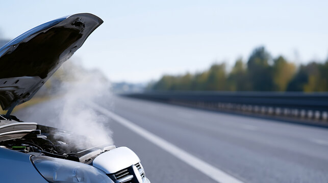 Vehicle Breakdown on Roadside with Open Hood and Smoke, Showing Overheated Engine on a Highway with Blurred Background
