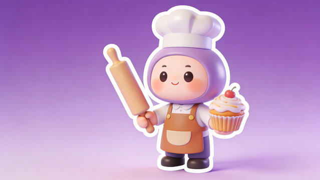 Cute cartoon chef holding rolling pin and cupcake with purple background