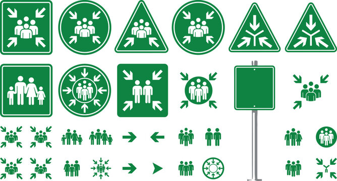 Emergency Assembly Point and Crowd Safety Sign Collection with Evacuation Symbols, Meeting Area Icons and Blank Signboard Vector Set