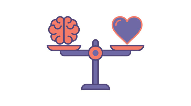 Scales balancing a brain and a heart, representing emotional intelligence, logic versus emotion, thinking and feeling, front view with purple and coral colors