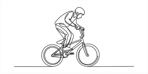 Obraz premium Continuous single line drawing of a person riding a bmx bike with a helmet