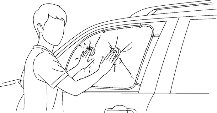 Man repairing a broken car window glass.