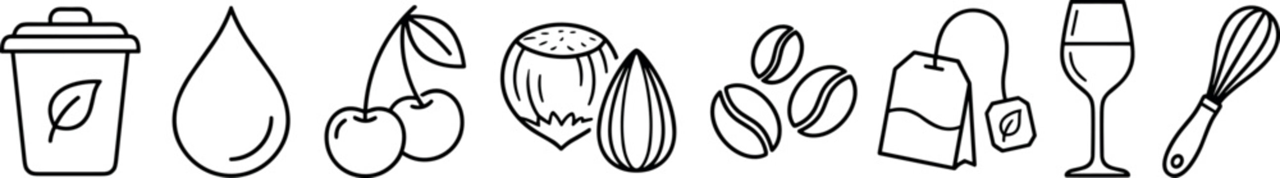 Vector outline icon set of kitchen elements and organic ingredients featuring coffee beans cherry whisk teabag wine glass and compost bin