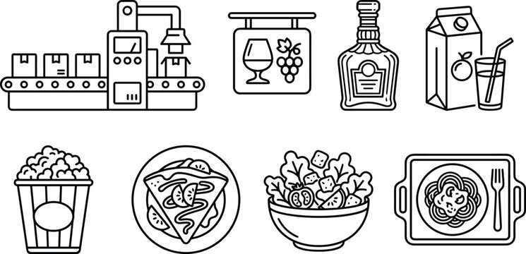 Vector outline icon set of food processing and meals featuring conveyor belt factory machine salad bowl popcorn spaghetti crepe and juice box