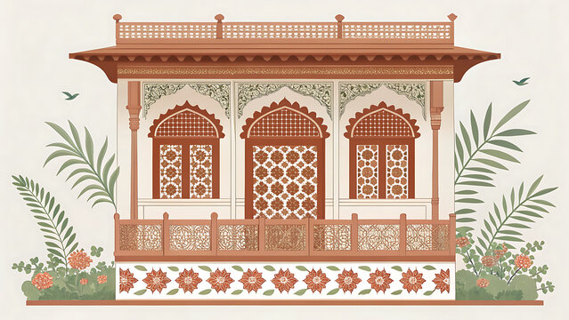 Decorative haveli balcony with geometric jaali screens and floral carvings, minimal vector illustration, muted earth tones