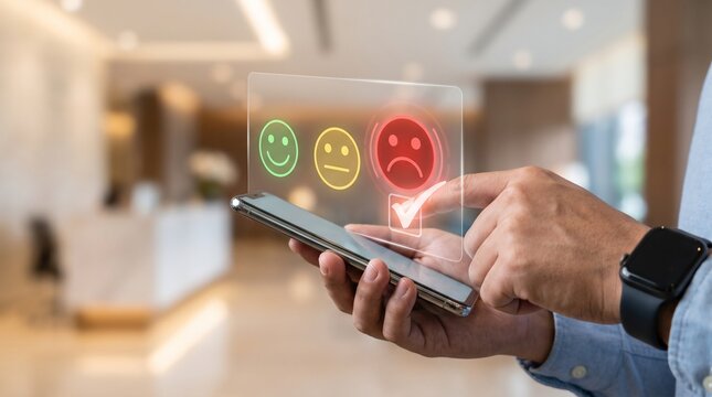 Customer feedback captured through a mobile device by an office professional using emoji ratings in a contemporary workplace during daily service evaluation to improve customer experience.