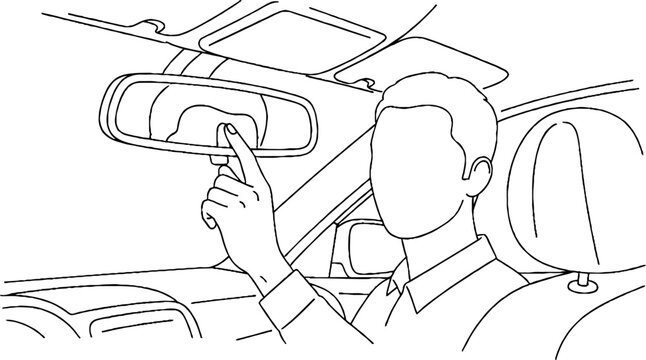 Man adjusting rearview mirror inside car.