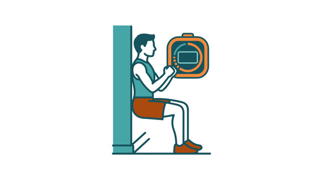 Man performing wall sit exercise with timer, side view, teal and orange color palette, fitness training, indoor workout, strength building, routine activity