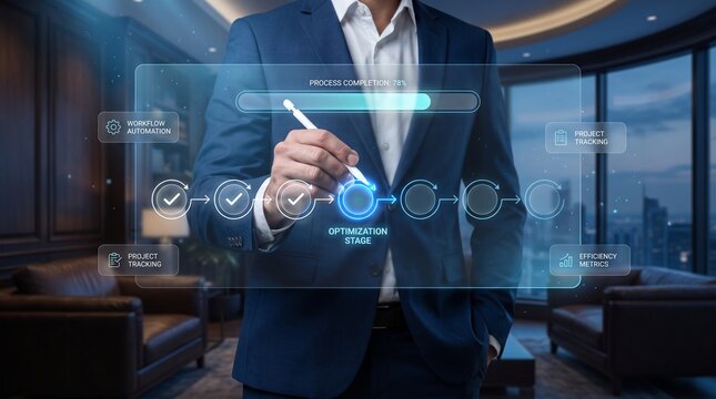 Business technology professional managing projects on a digital display in a contemporary office overlooking the city skyline during the workday to improve productivity and workflow.