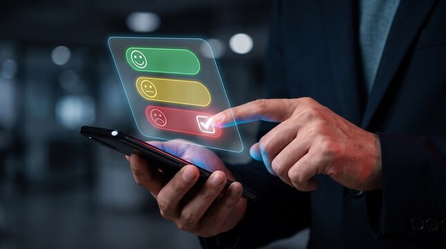 
Business feedback professional using a smartphone with a digital interface and emoji responses in a contemporary office during the workday to evaluate customer satisfaction and service quality.