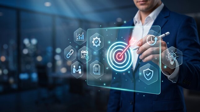 
Business professional using analytics and digital technology in a contemporary office during the workday to analyze data improve decisions and achieve business objectives.