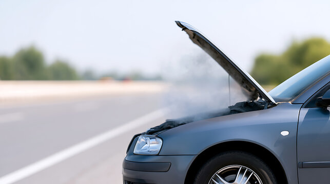Broken down vehicle on roadside with smoke emit from open hood, close-up view of car engine problems alongside a highway or street