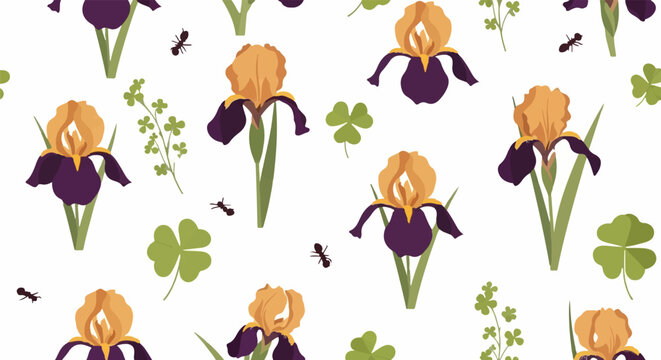 Colorful Iris Flowers and Shamrocks Pattern Design.