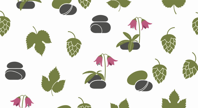 Hops and flowers pattern with stones and leaves.