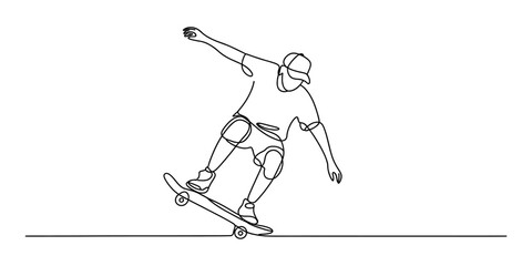 Continuous single line drawing of a young person riding a skateboard © DCB Line Stocker