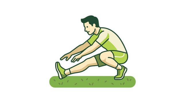 Man stretching hamstrings on grass in a side view, pixel art illustration with a green and cream color palette, fitness and exercise concept