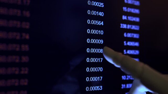  AI robotic hand managing digital assets and tracking cryptocurrency on screen close up. Blockchain technology, fintech automation metaphor shooting of dark office, shallow DOF  in natural dim light.