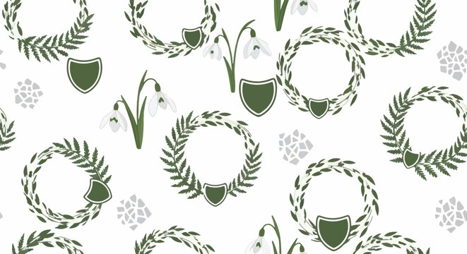 Elegant Green Laurel Wreath and Shield Pattern Design.