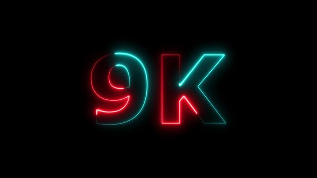 Glowing neon red and cyan color 9k text animation on a black background. 4k video