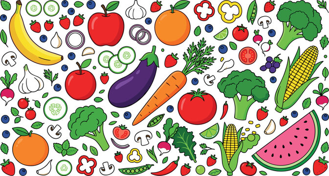 Vector flat cartoon illustration of a dense pattern filled with fresh organic fruits and vegetables including watermelon broccoli carrot banana and corn