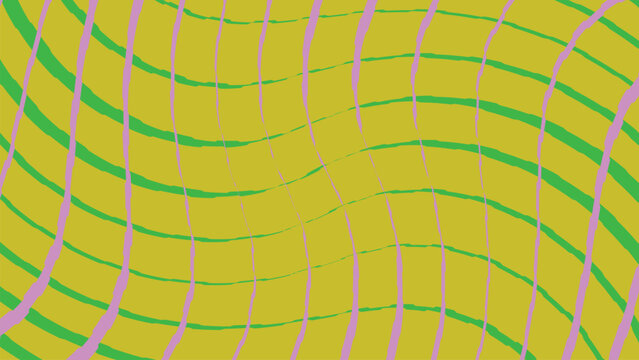 Distorted grid pattern featuring green and pink wavy lines on yellow background creating psychedelic warped effect for vibrant textile designs.