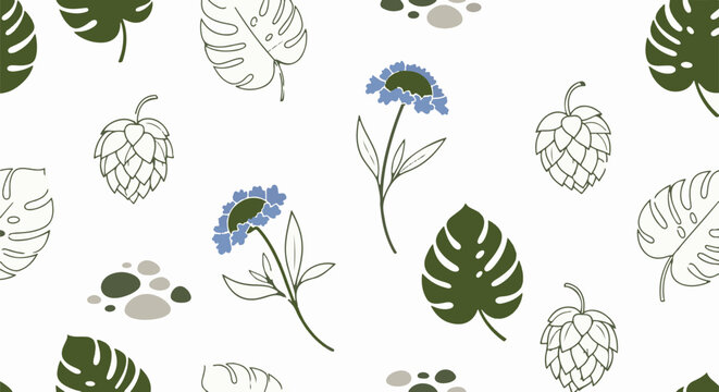 Tropical leaves hops and flowers seamless pattern design.