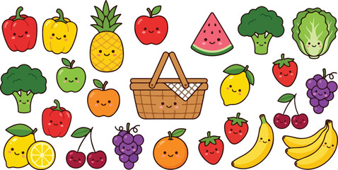 grocery produce cartoon clipart set with fresh garden vegetables lettuce broccoli lemon fruit basket banana watermelon strawberry and grapes doodle © Mon
