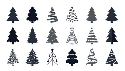 Obraz premium Christmas tree silhouettes collection vector illustration. Set of festive holiday icons, abstract spirals, decorative swirls.