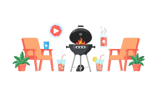Backyard BBQ party illustration featuring a charcoal grill, deck chairs, and summer cocktails.