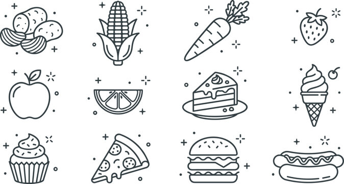 Vector linear cartoon icon set of food items featuring potatoes corn carrot strawberry apple orange slice cake pizza burger and hotdog