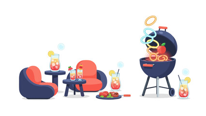 Fototapeta premium Summer BBQ and Tropical Cocktail Party Vector Illustration with Grill and Lounge Chairs
